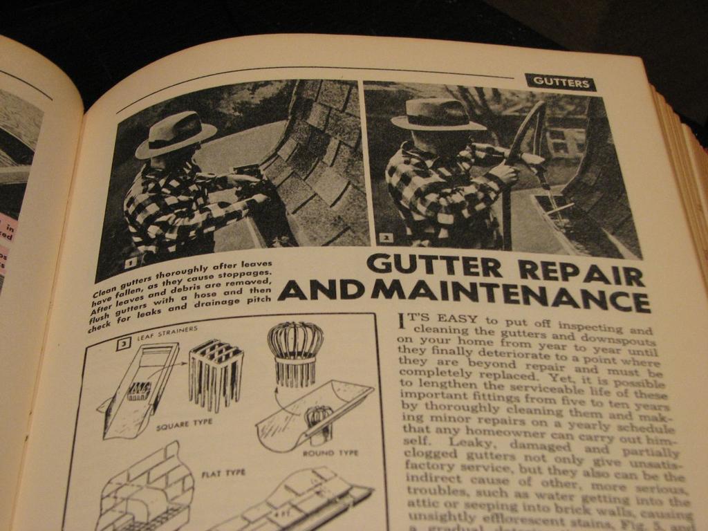 A book page titled Gutter Repair and Maintenance shows black-and-white photos of a person cleaning a gutter, includes diagrams of square, flat, round, and wire leaf strainers, and features tips inspired by expert gutter service in Lyndhurst.