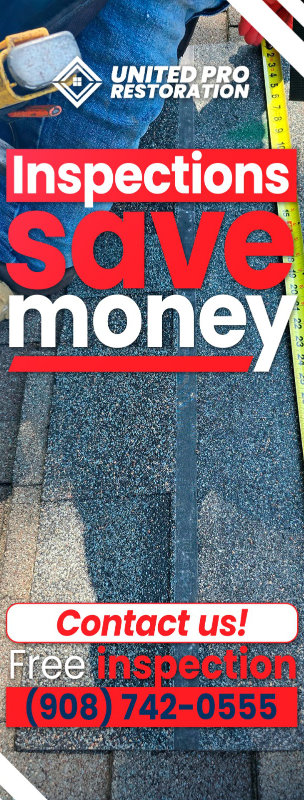 A promotional ad for United Pro Restoration shows a roofing contractor in Lyndhurst inspecting a shingle roof with a tape measure. Text reads: Inspections save money. Contact us! Free Inspection (908) 742-0555.