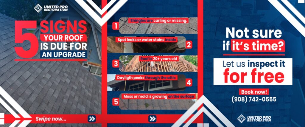 Infographic for United Pro Restoration, a top roofing contractor in Lyndhurst: 5 signs you need a roof upgrade—missing shingles, leaks, old roof, sunlight in attic, and moss. Free inspection offer with phone number, bright red and blue design.