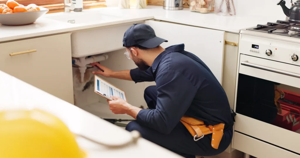 A General Contractor in Lyndhurst, dressed as a plumber in a navy uniform and cap, examines pipes under a kitchen sink while holding a tablet. Tools line his belt; a stove and helmet are visible nearby.