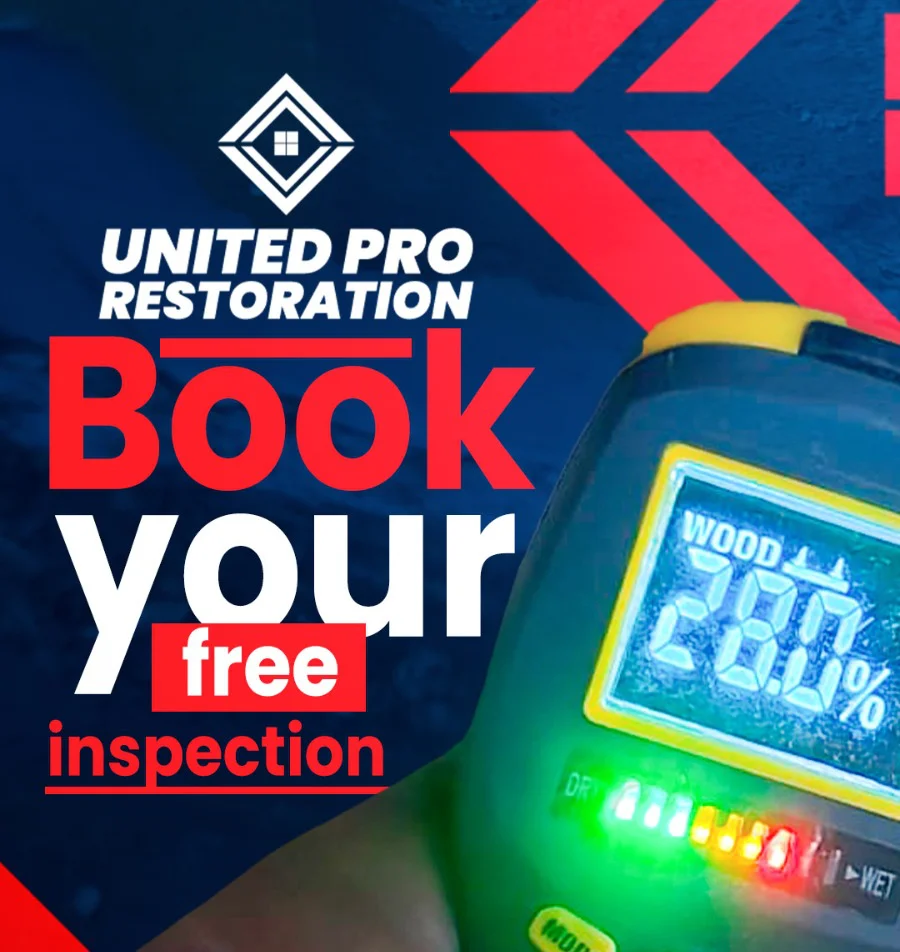 Hand holding a digital moisture meter. Text reads: United Pro Restoration, your trusted General Contractor in Lyndhurst. Book your free inspection in bold white and red letters on a dark blue background.