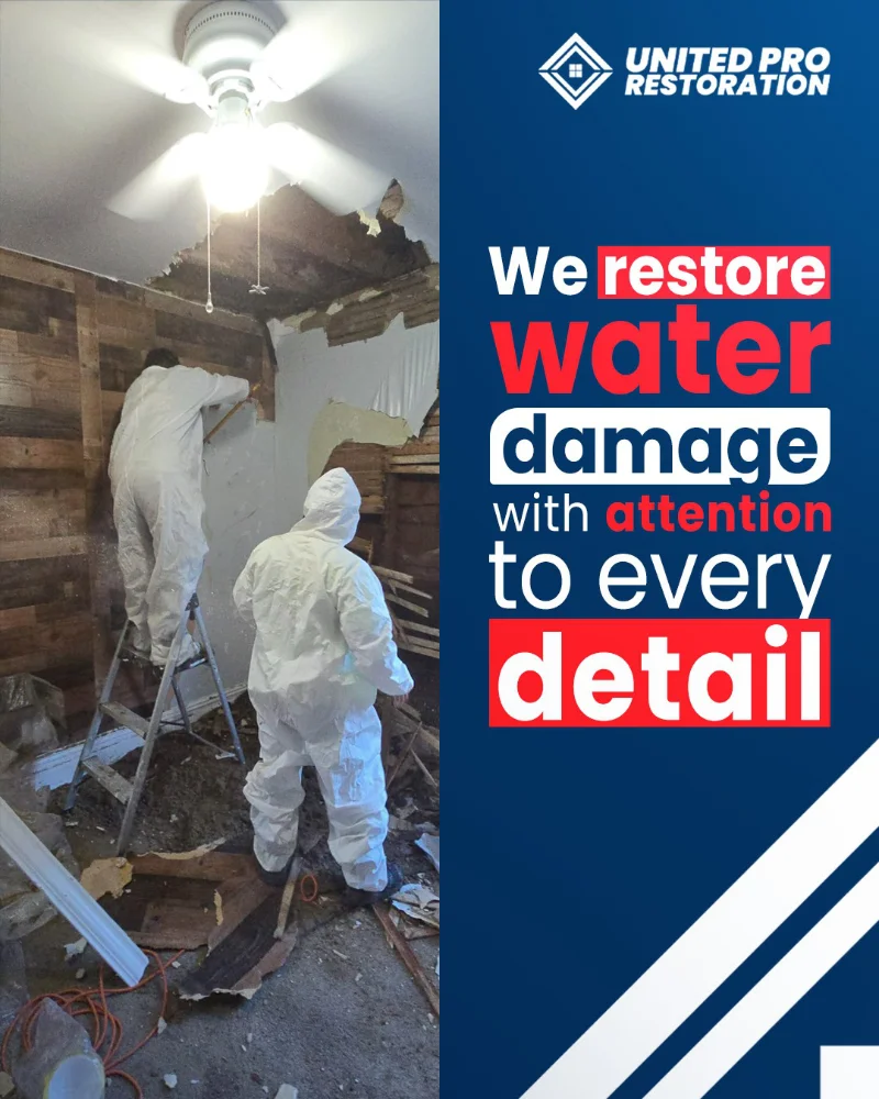 Two workers in protective suits repair severe water damage in a room with exposed beams and debris on the floor. Text reads: Expert water damage restoration service in Lyndhurst. We restore with attention to every detail. United Pro Restoration.