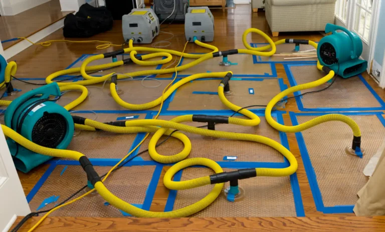 Yellow hoses and air blowers are set up on a hardwood floor covered with plastic sheets and blue tape, showing a water damage restoration service in Lyndhurst at work inside a home.